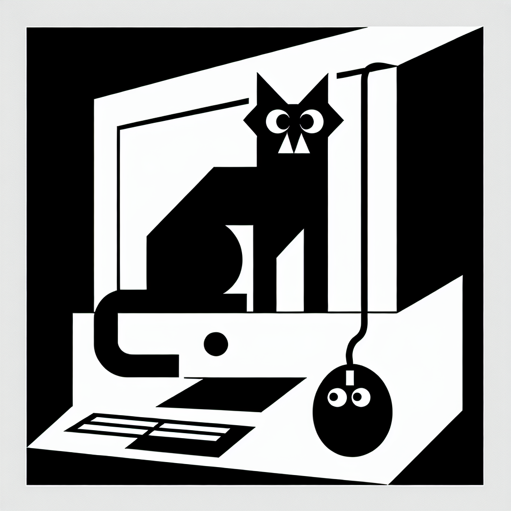 An illustration for the following pun: Why did the black cat sit on the computer? Because it wanted to keep an eye on the mouse!